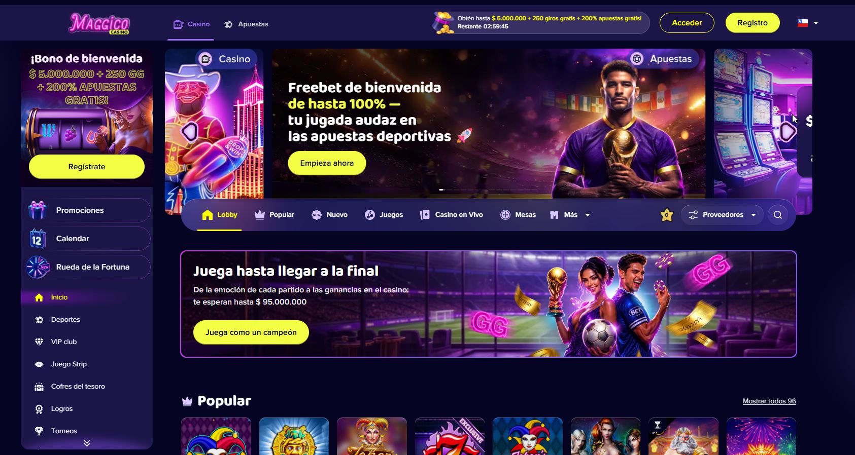 Maggico es el mejor club de juegos que ofrece un bono del 100% en tu primer depósito.